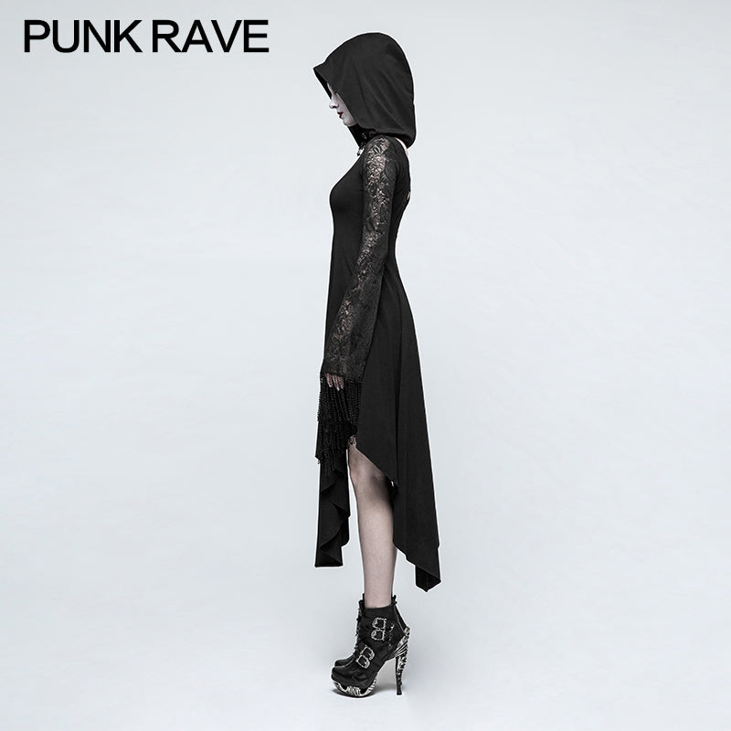 Q-328 Asymmetry Knit black Gothic Dresses With Hollow-out Back Spider Net