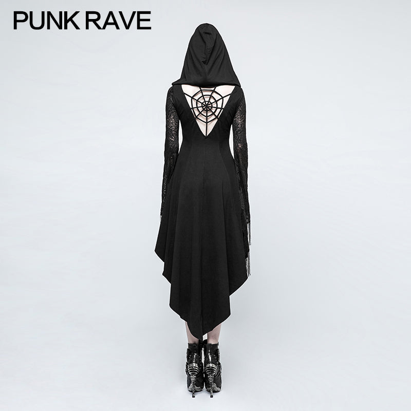 Q-328 Asymmetry Knit black Gothic Dresses With Hollow-out Back Spider Net
