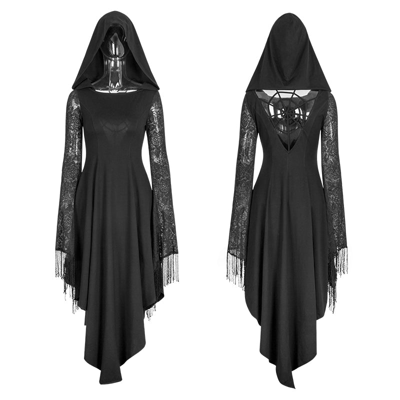 Q-328 Asymmetry Knit black Gothic Dresses With Hollow-out Back Spider Net