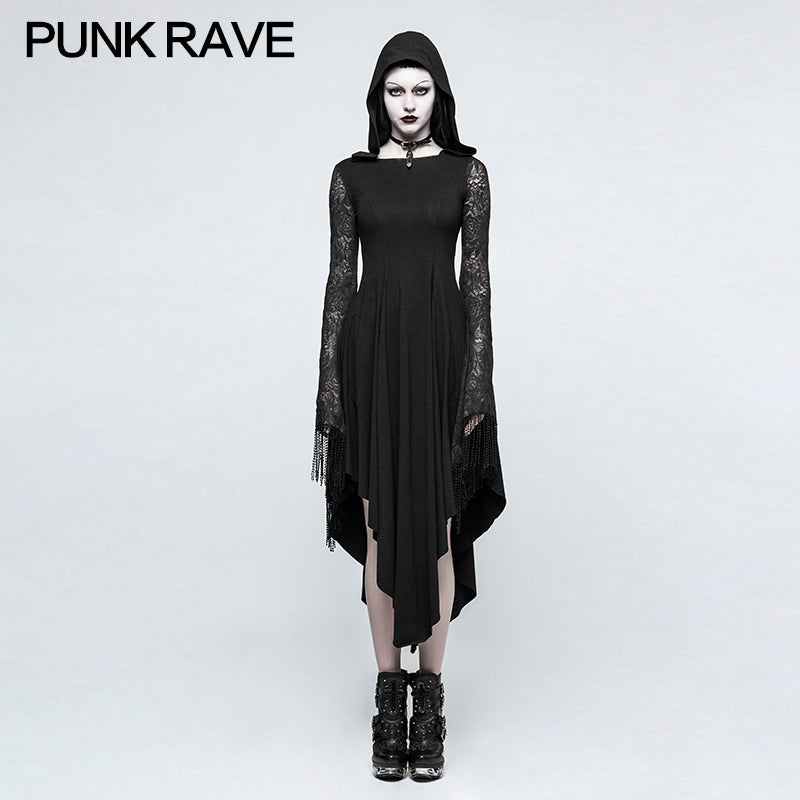 Q-328 Asymmetry Knit black Gothic Dresses With Hollow-out Back Spider Net