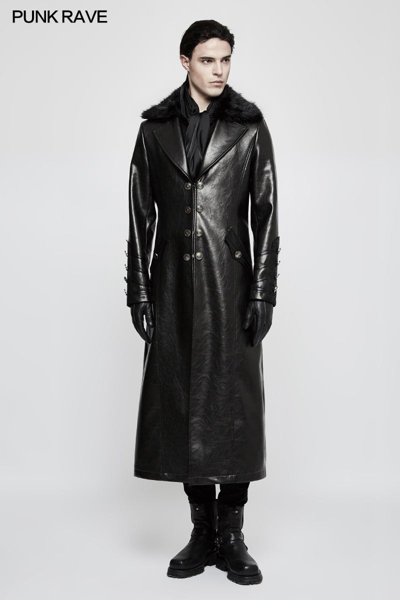 Y-818 Military Uniform Long Leather Punk Coat With Warm Collar