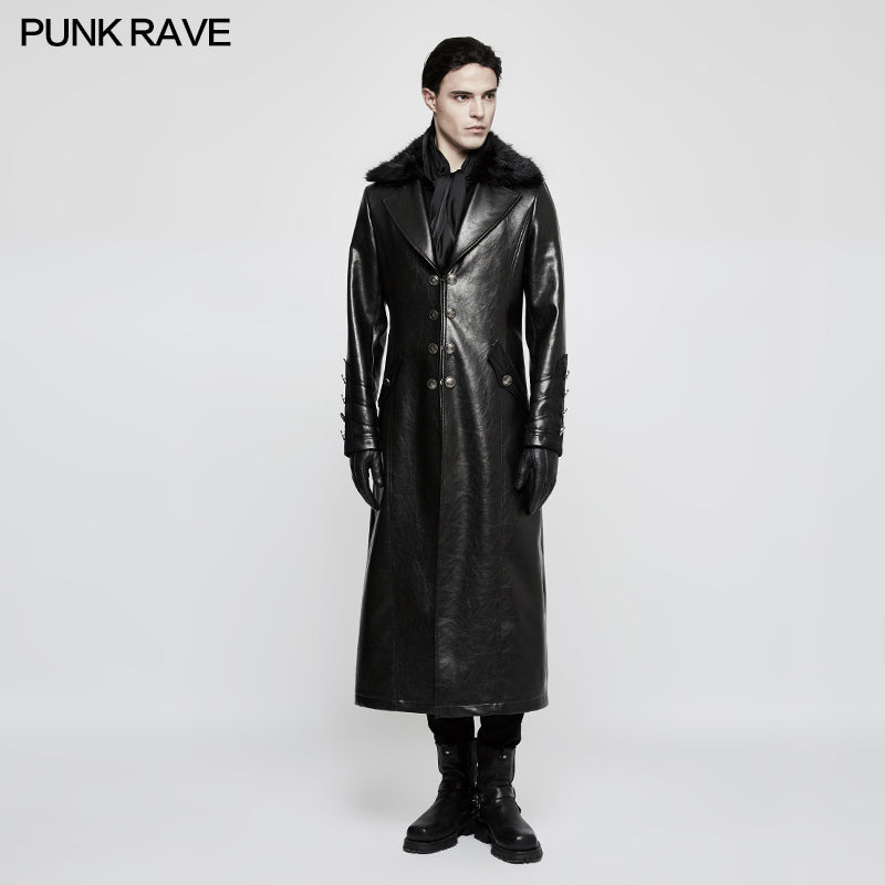 Y-818 Military Uniform Long Leather Punk Coat With Warm Collar