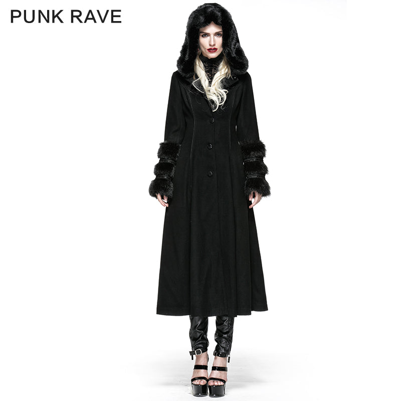 LY-036 Winter Woolen Long black Gothic Coat For Women Two Wear Imitation Fur Coat