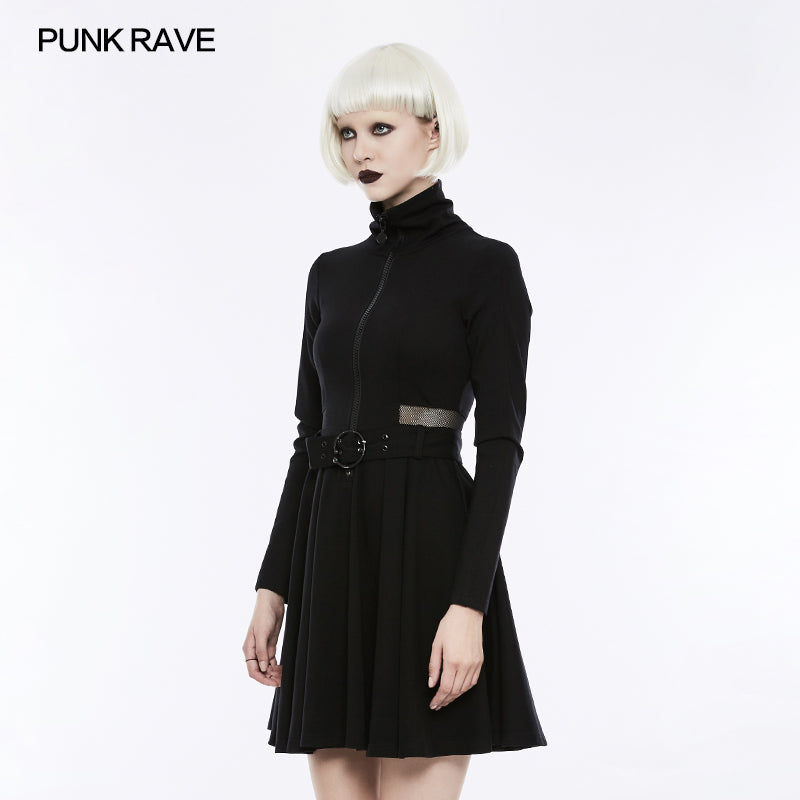 OPQ-245 Handsome Knitted Punk Dress With Mesh Spliced Design