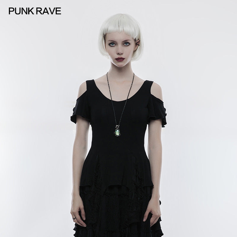 OT-499 Elegant Short Sleeves Gothic T-shirt With Broken Lace