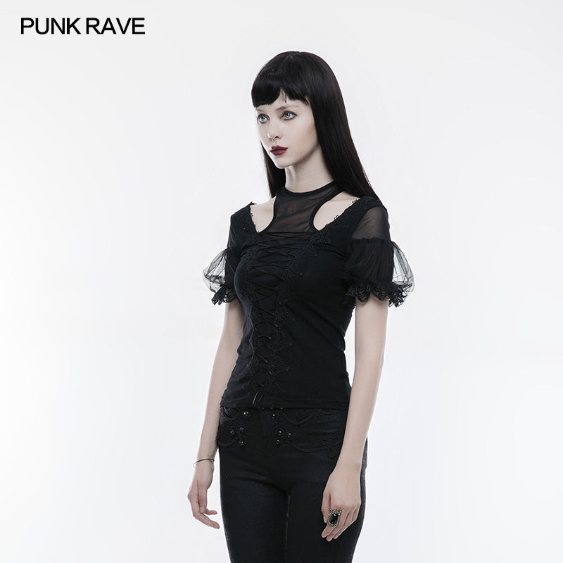 WT-490 Gorgeous Stretch Blouse Short Sleeve Gothic T-shirt With Lace