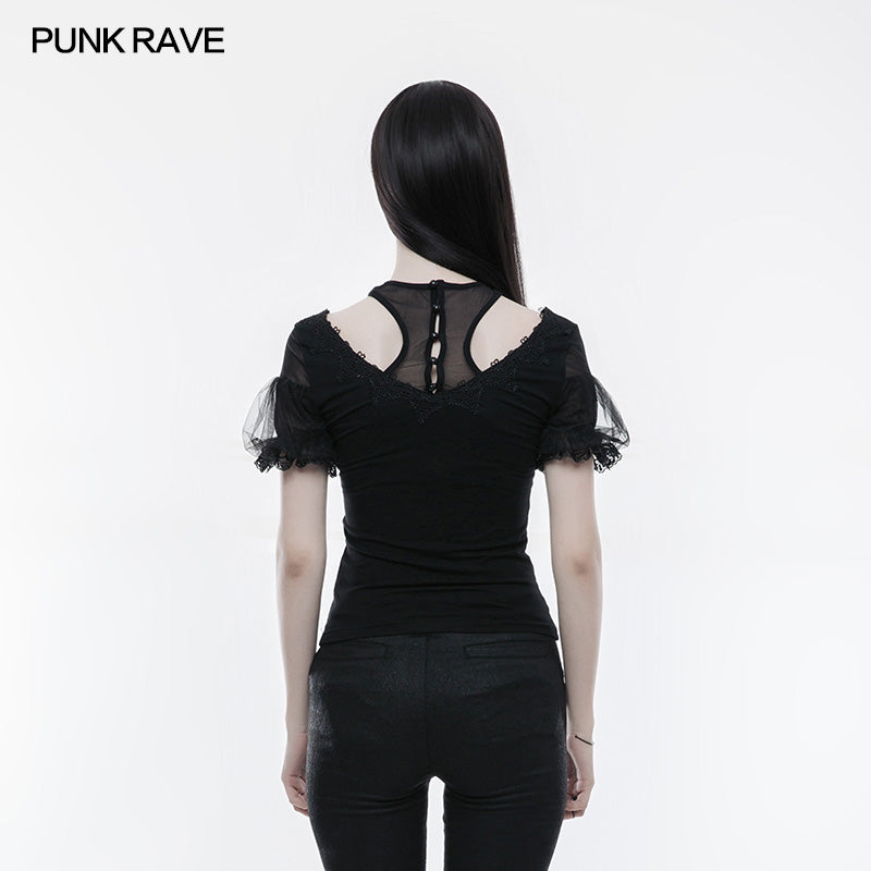 WT-490 Gorgeous Stretch Blouse Short Sleeve Gothic T-shirt With Lace