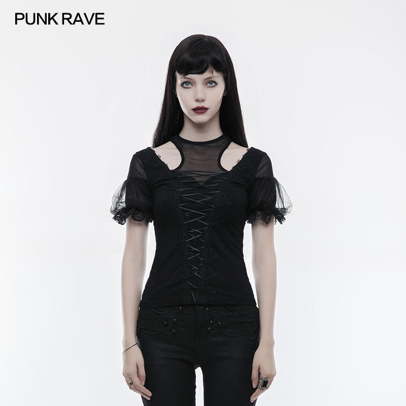 WT-490 Gorgeous Stretch Blouse Short Sleeve Gothic T-shirt With Lace