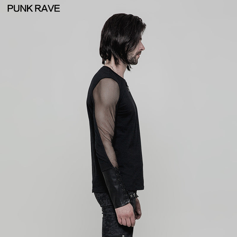 OT-516 Daily Elastic Knitted Punk T-shirt With Mesh Stitching
