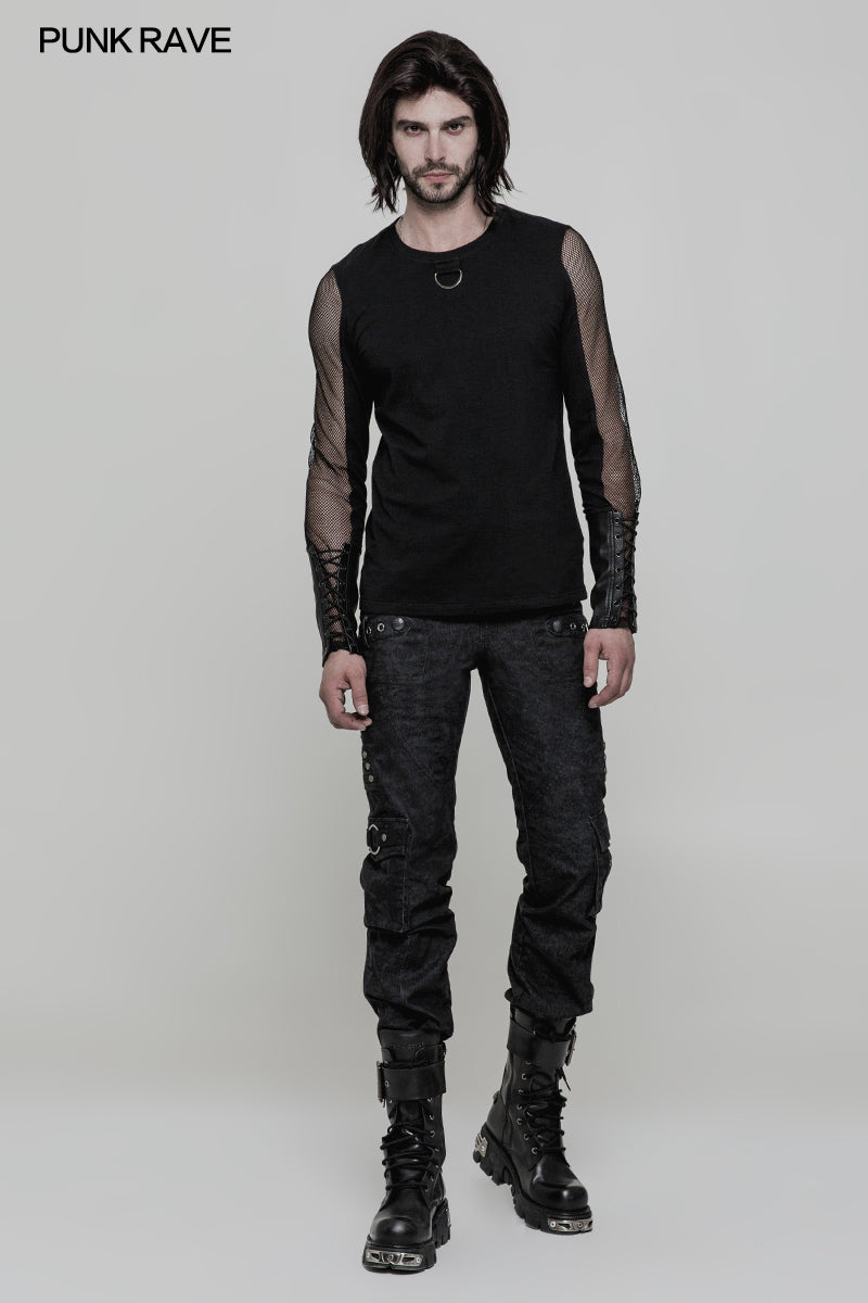 OT-516 Daily Elastic Knitted Punk T-shirt With Mesh Stitching
