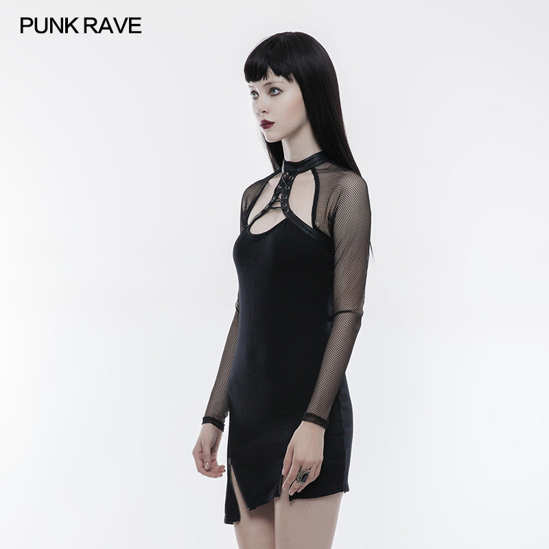 WQ-348 Super-elastic Sexy Inclined Pendulum Punk Dress With Mesh Sleeves
