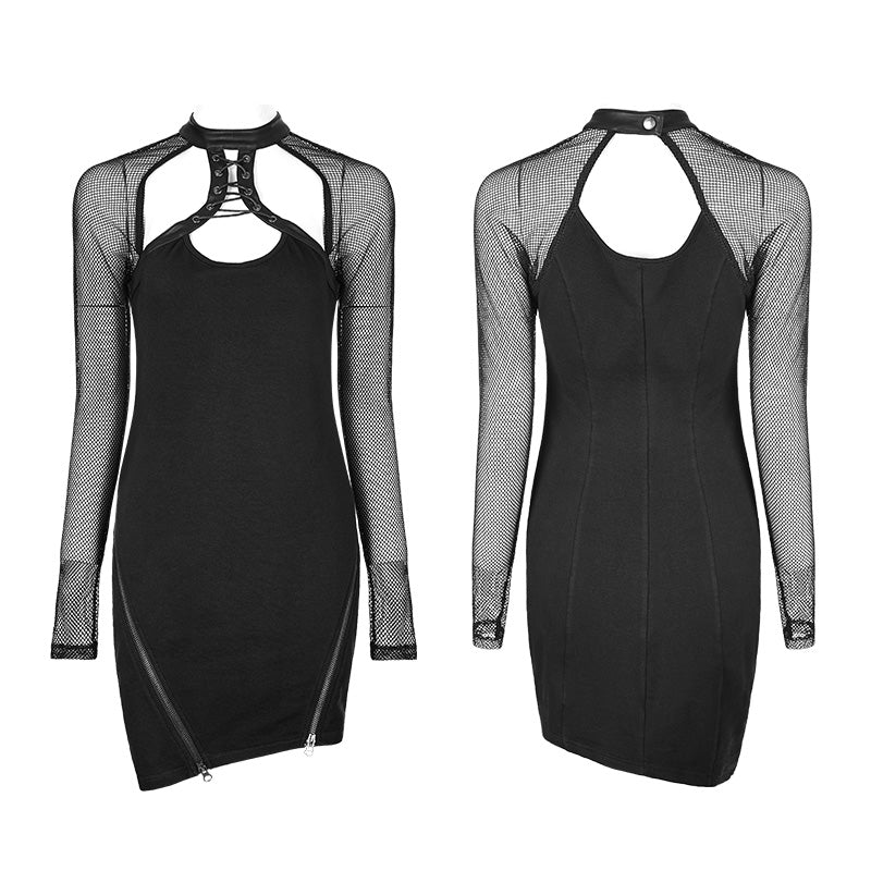 WQ-348 Super-elastic Sexy Inclined Pendulum Punk Dress With Mesh Sleeves