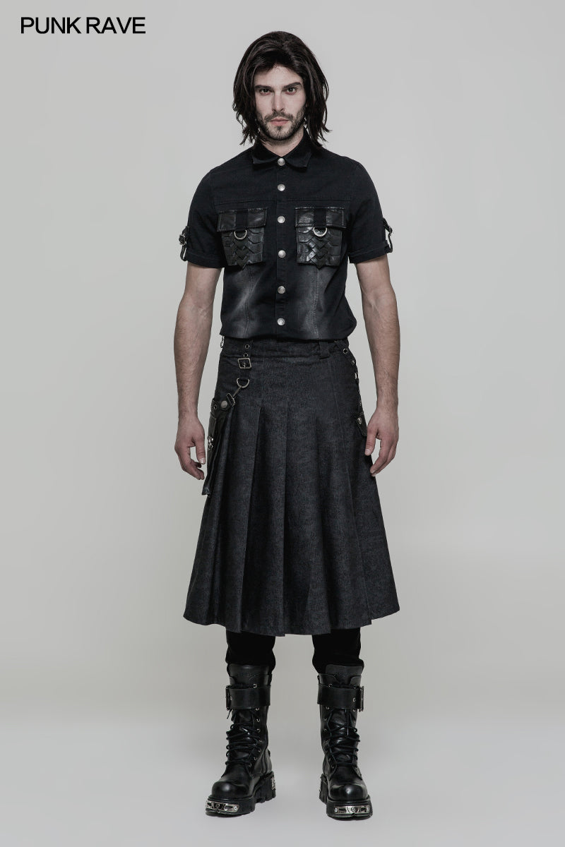 WQ-362 Men Pleated Half Punk Skirt With Stereo Bag On The Right