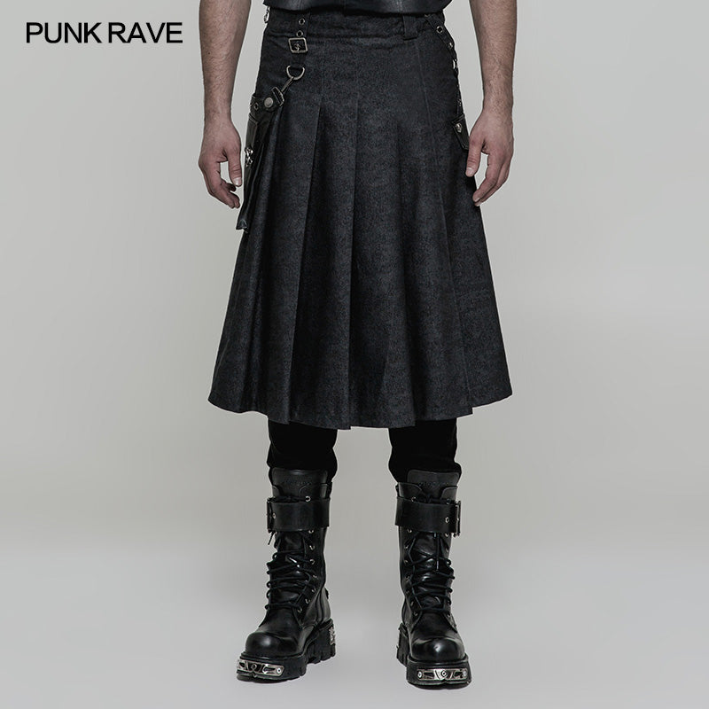 WQ-362 Men Pleated Half Punk Skirt With Stereo Bag On The Right