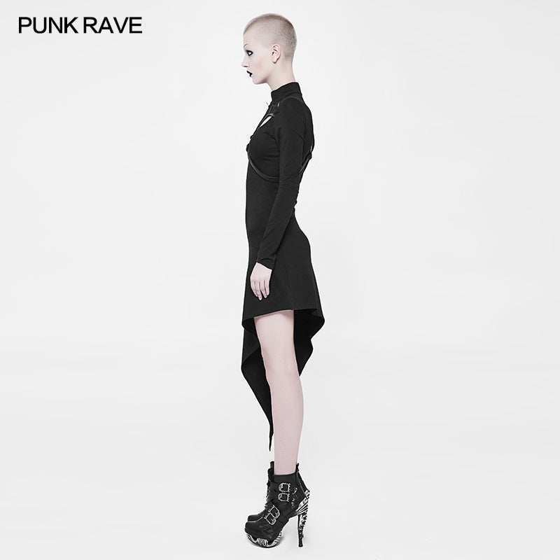 WQ-365 Asymmetrical black Harness Design Knit Punk Dress