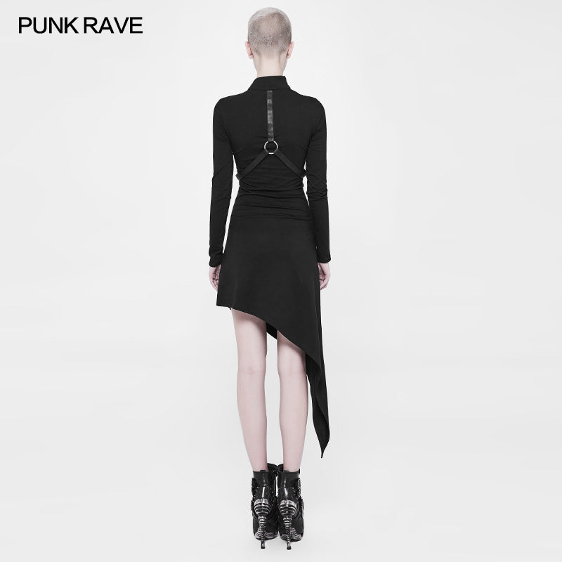 WQ-365 Asymmetrical black Harness Design Knit Punk Dress