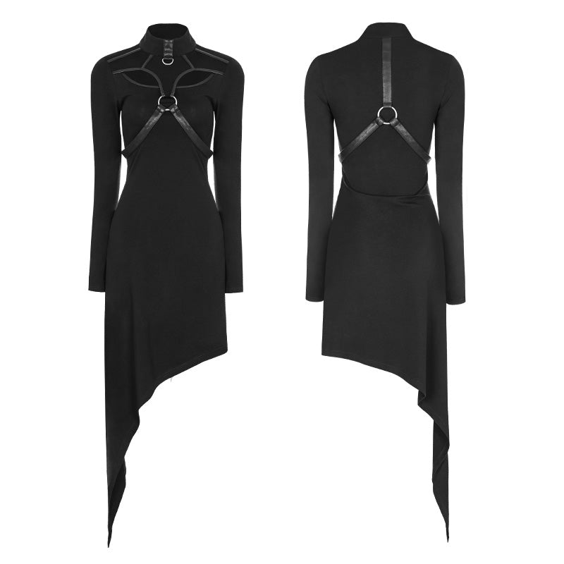 WQ-365 Asymmetrical black Harness Design Knit Punk Dress