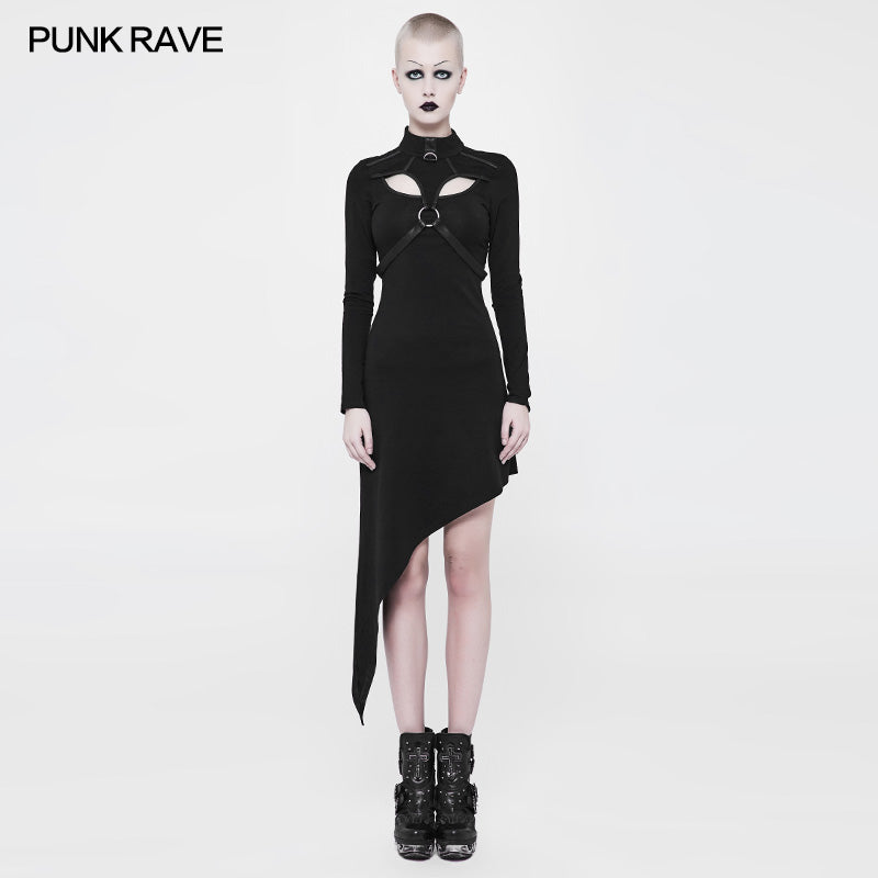 WQ-365 Asymmetrical black Harness Design Knit Punk Dress