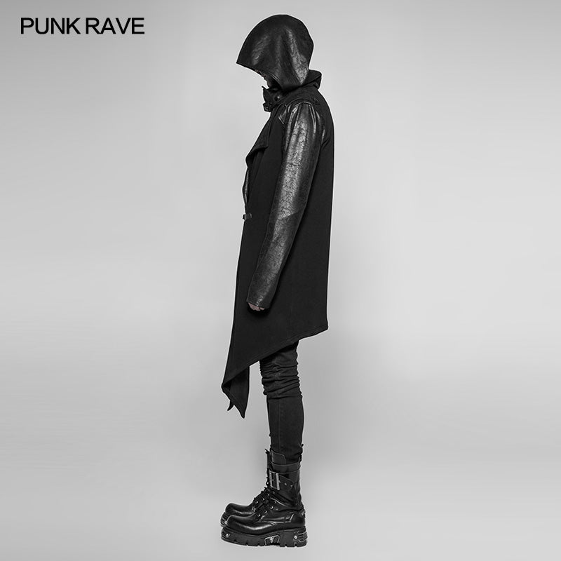 WY-941 Dark Punk Leather Crack Knit Stitching Hooded Cardigan