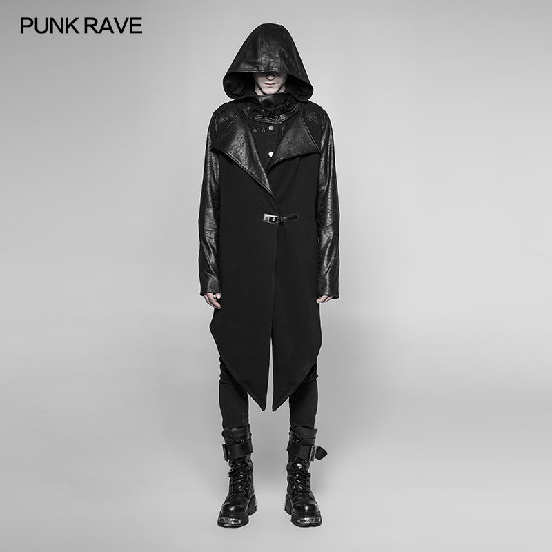 WY-941 Dark Punk Leather Crack Knit Stitching Hooded Cardigan