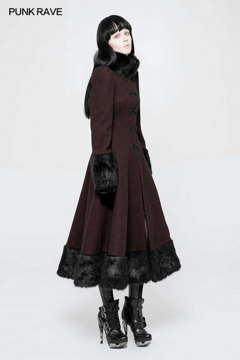 OY-893 Gothic Black-Red Woolen Long Winter Coat Decorated With Imitation Fur