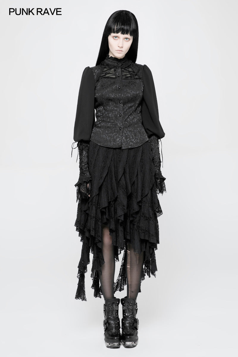OY-904 Vintage Jacquard Chiffon Gothic Blouse With Leg-of-Mutton Sleeves