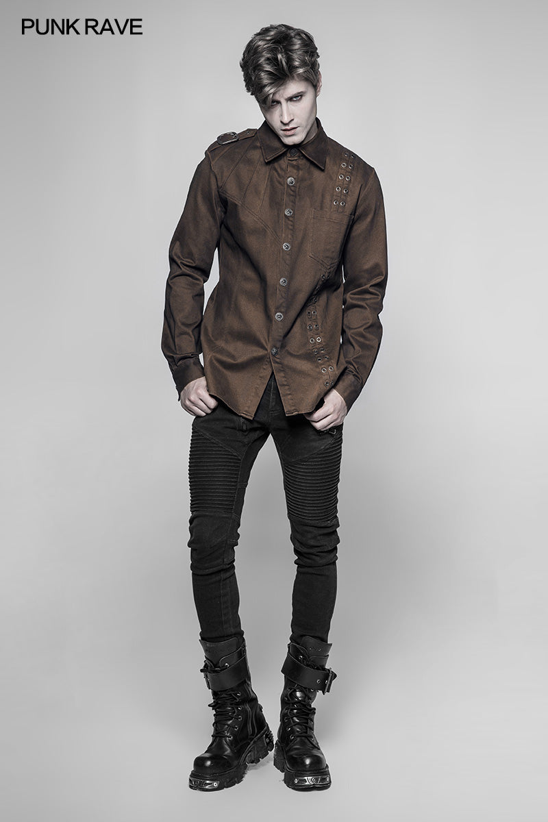 WY-943 Personality Steampunk Metal Eyelets Sueded Shirt With Retro Snap Buttons