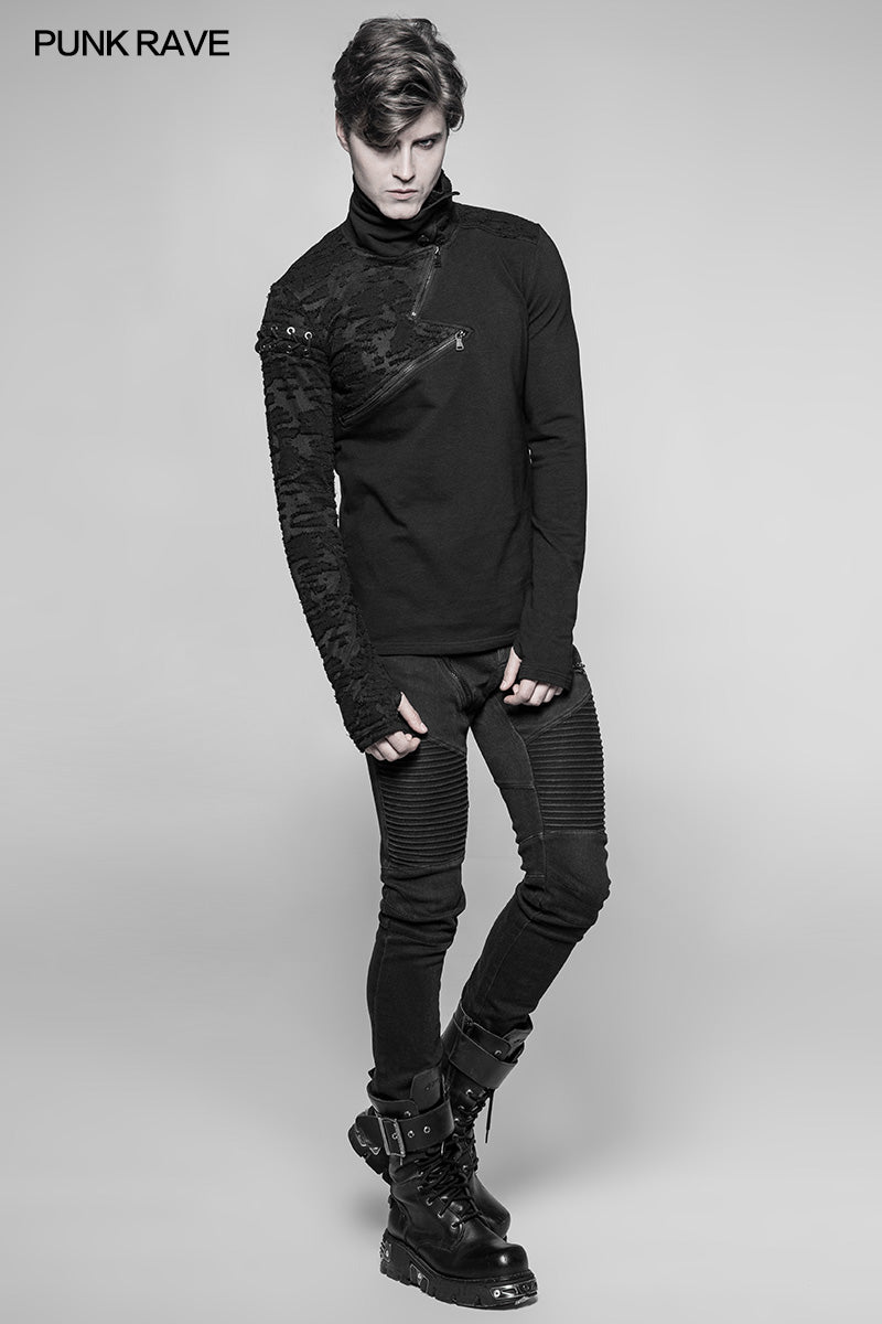 WT-535 Decadent Punk S-shaped Zipper Knitting T-shirt Personality Mosaic High Collar Sweater