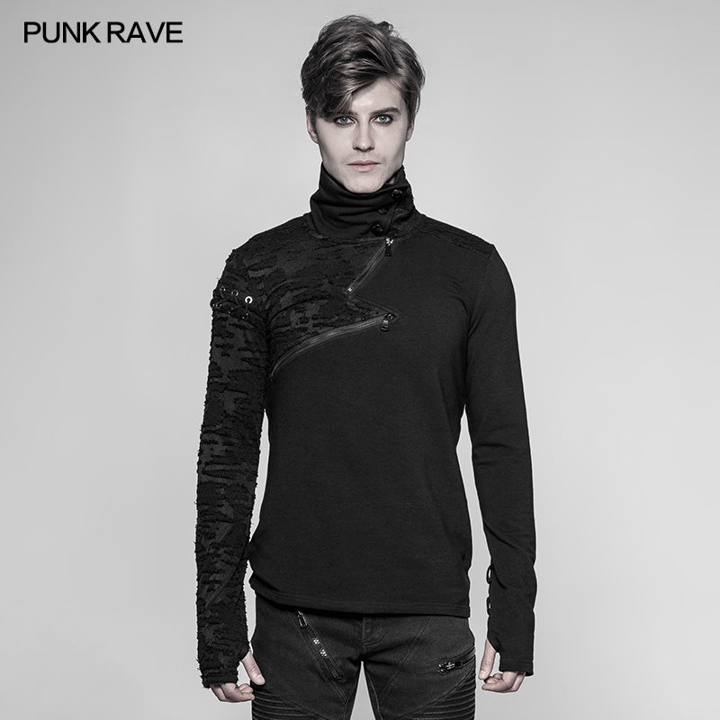 WT-535 Decadent Punk S-shaped Zipper Knitting T-shirt Personality Mosaic High Collar Sweater