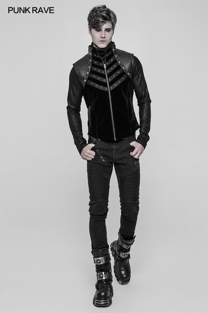 WY-910 Royal Cavalry Force Punk Vest Velvet Leather Stand Collar Waistcoat For Men