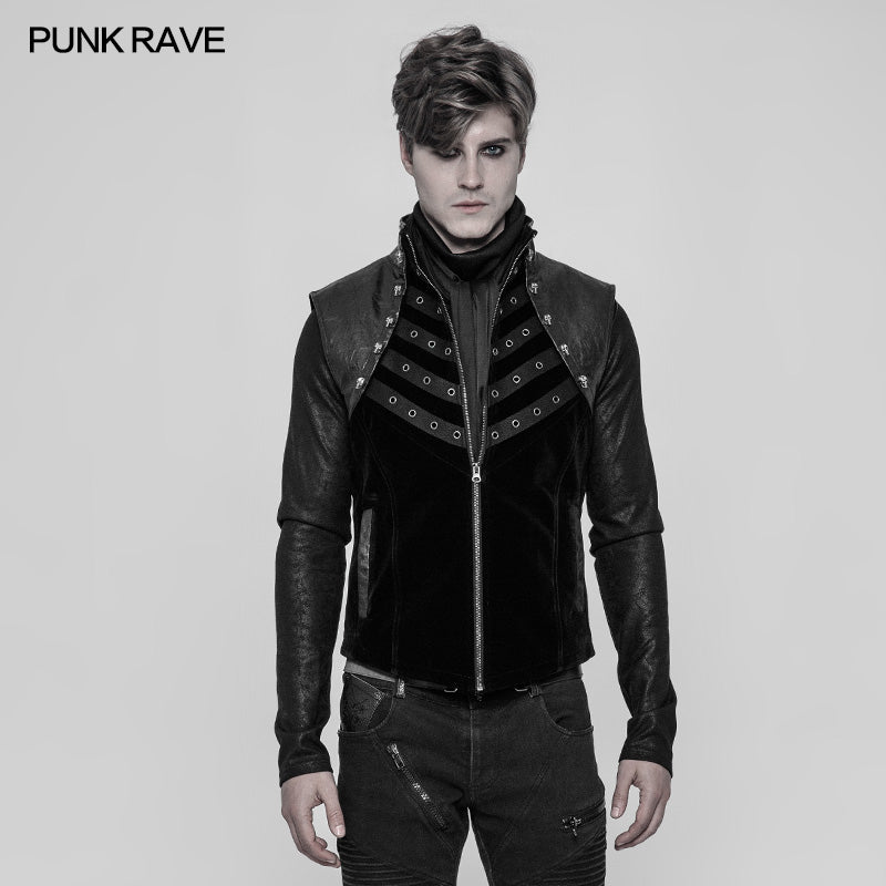 WY-910 Royal Cavalry Force Punk Vest Velvet Leather Stand Collar Waistcoat For Men