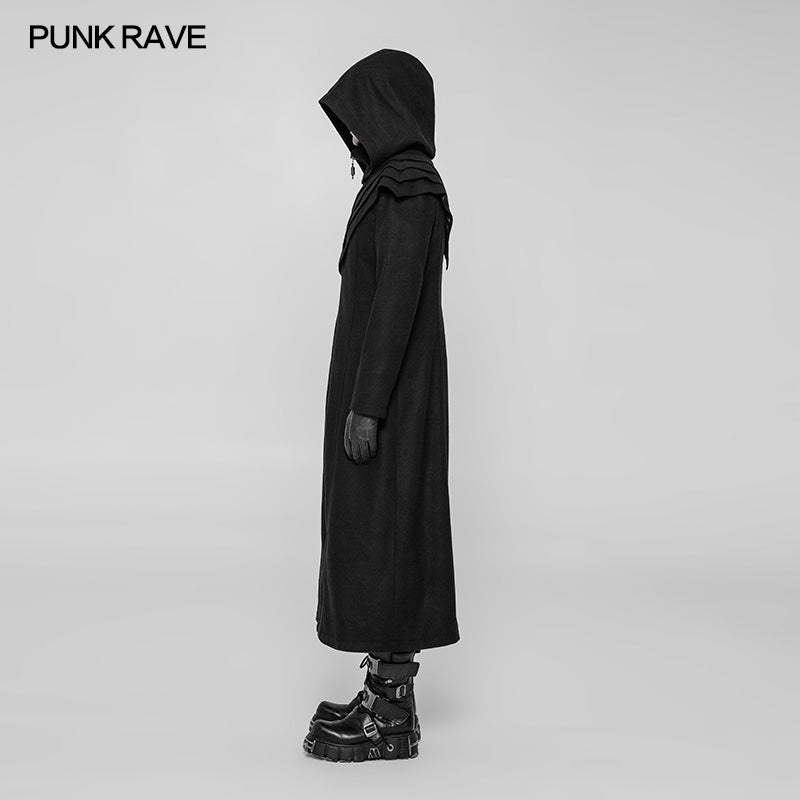 WY-916 Dark Gothic Woolen Long Hooded Coat With Overlapping Layer Armor Cape