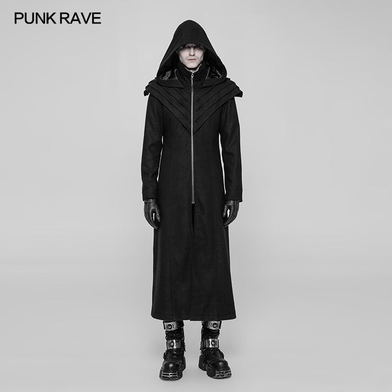 WY-916 Dark Gothic Woolen Long Hooded Coat With Overlapping Layer Armor Cape