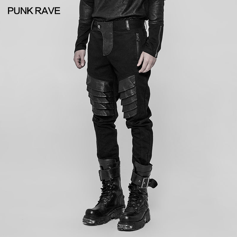 WK-337 Mens Dark Punk Twill Denim Pants Leather Knee Armor Styling Trousers