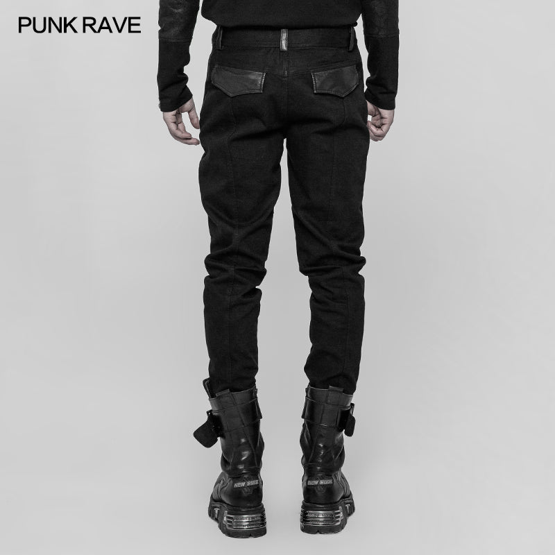 WK-337 Mens Dark Punk Twill Denim Pants Leather Knee Armor Styling Trousers