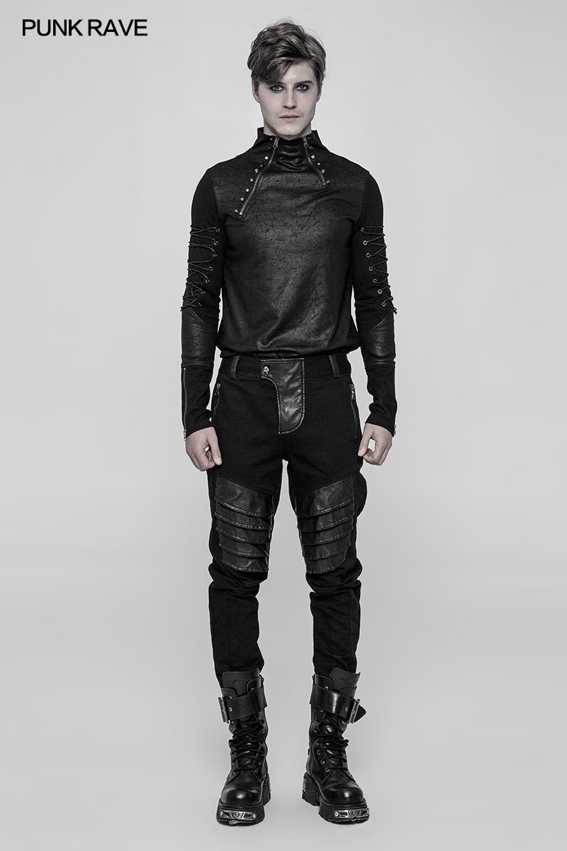 WK-337 Mens Dark Punk Twill Denim Pants Leather Knee Armor Styling Trousers