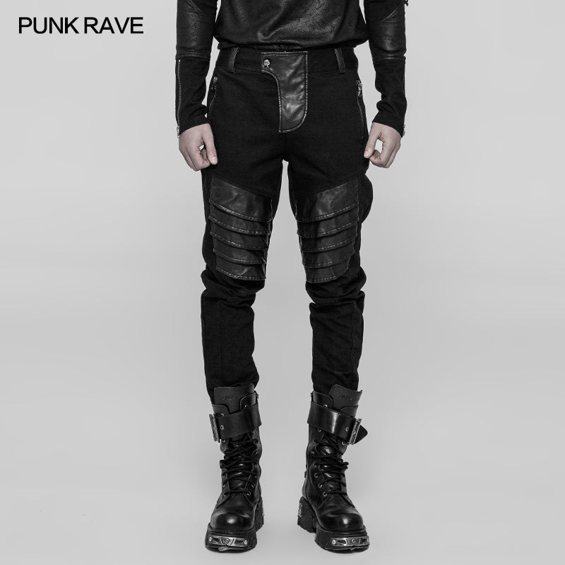 WK-337 Mens Dark Punk Twill Denim Pants Leather Knee Armor Styling Trousers