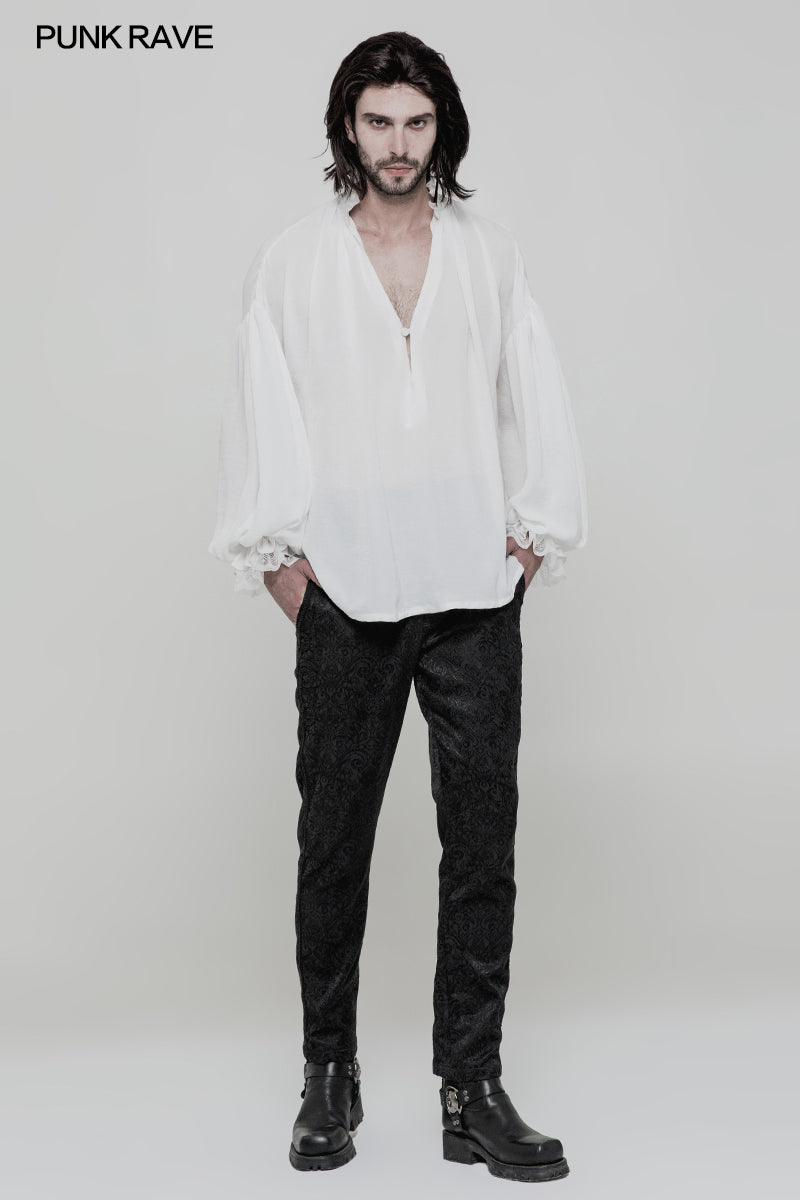 WY-852 Mens Vintage Loose Soft Comfort Gothic Shirt With Large Neckline And Lace Cuff