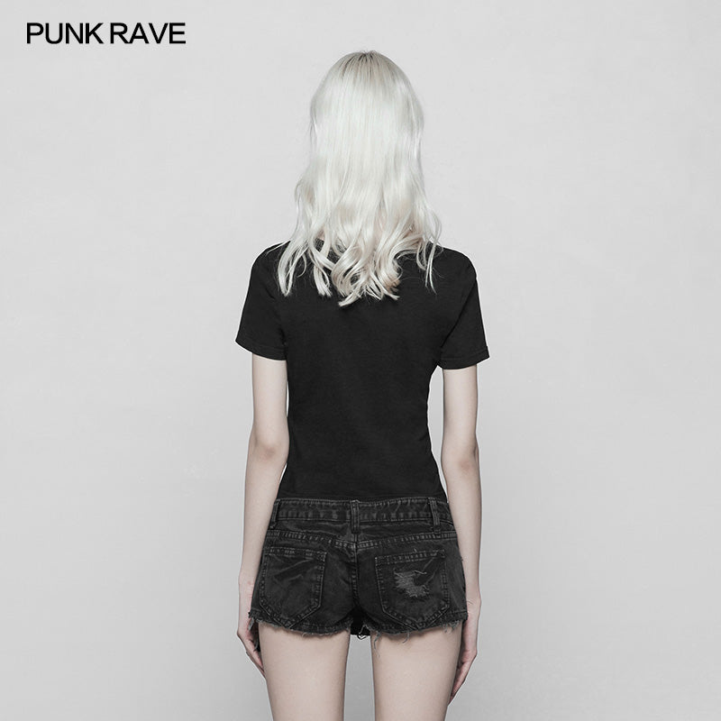 OPT-250 Womens Handsome Punk Zipper Knit Tight Short T-shirt With Hollow Out Design On Chest