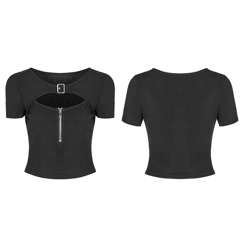 OPT-250 Womens Handsome Punk Zipper Knit Tight Short T-shirt With Hollow Out Design On Chest