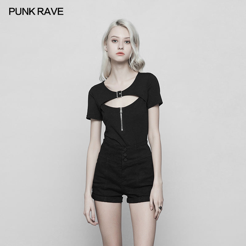 OPT-250 Womens Handsome Punk Zipper Knit Tight Short T-shirt With Hollow Out Design On Chest