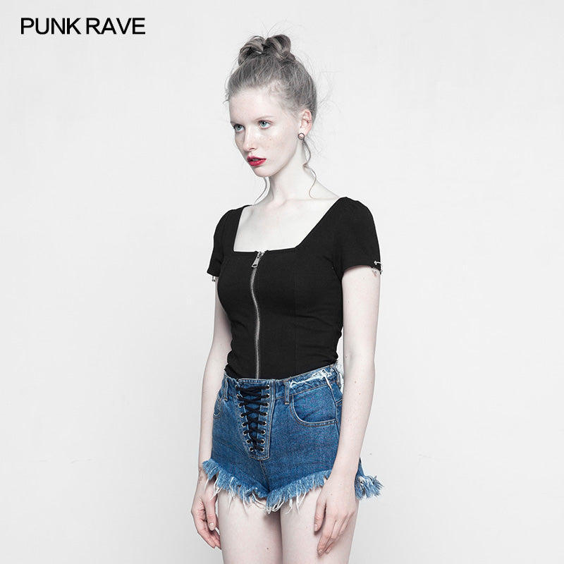OPY-317 Personality Punk Top Square Collar Knit Cardigan T-shirt