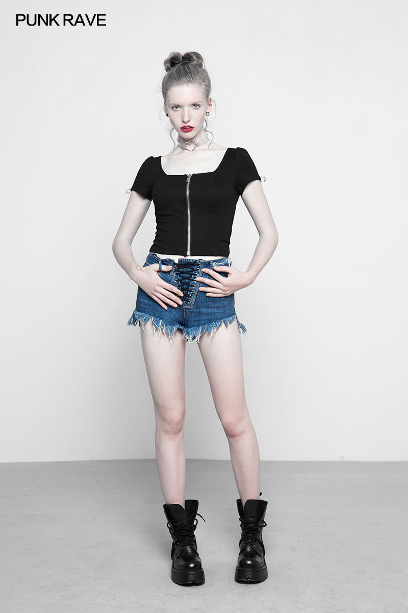 OPY-317 Personality Punk Top Square Collar Knit Cardigan T-shirt