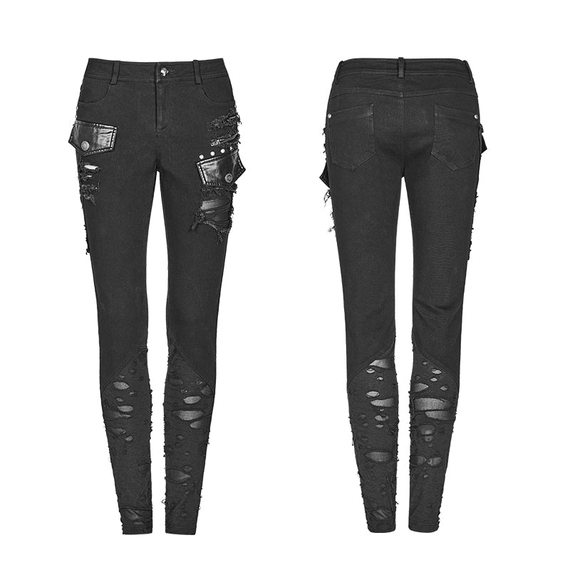 OK-344 Punk Elastic Stitching Trousers With Broken Hole