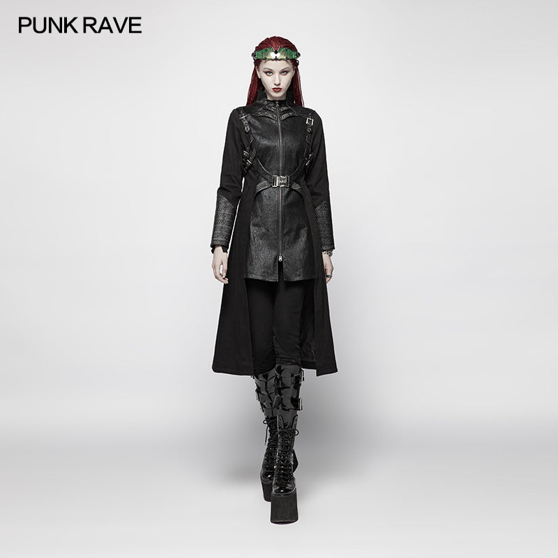 WY-974 Punk Women Standing Collar Warrior High Low Long Coat