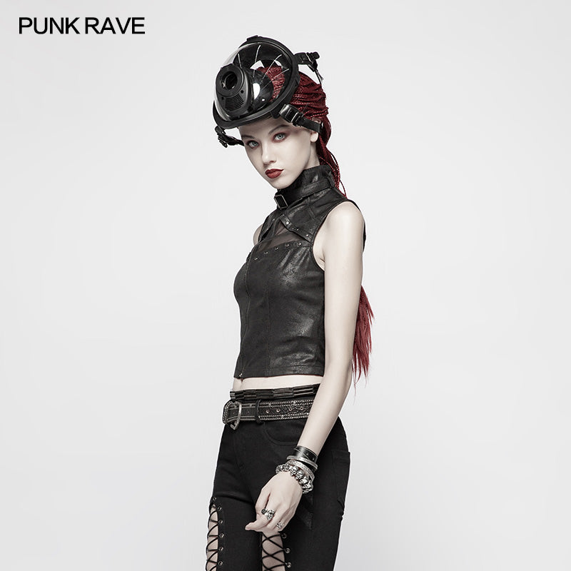 WY-986 Punk High Neck Elastic Knitted PU Super Short Vest