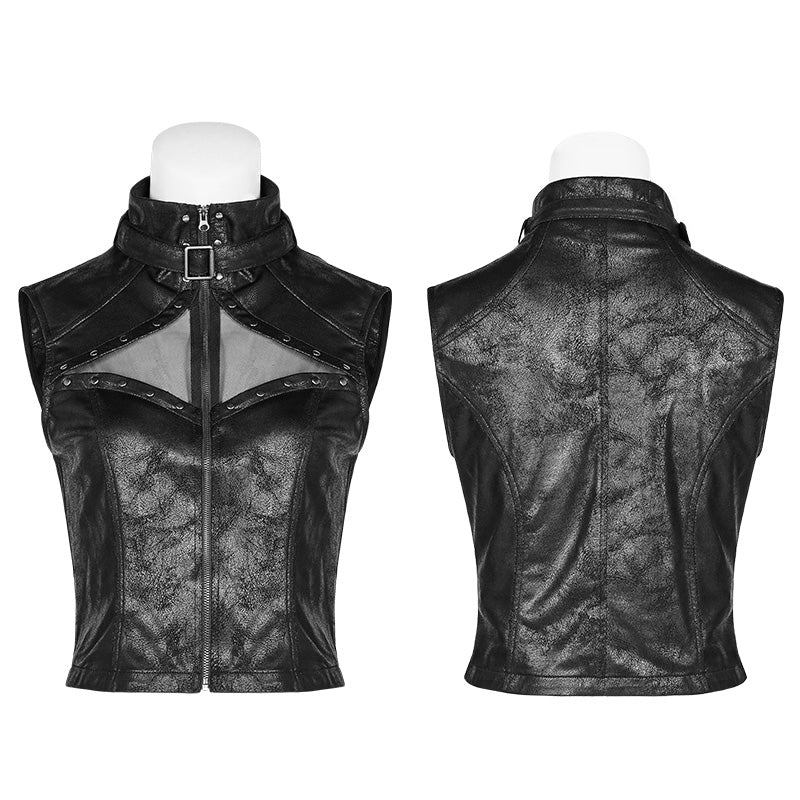 WY-986 Punk High Neck Elastic Knitted PU Super Short Vest
