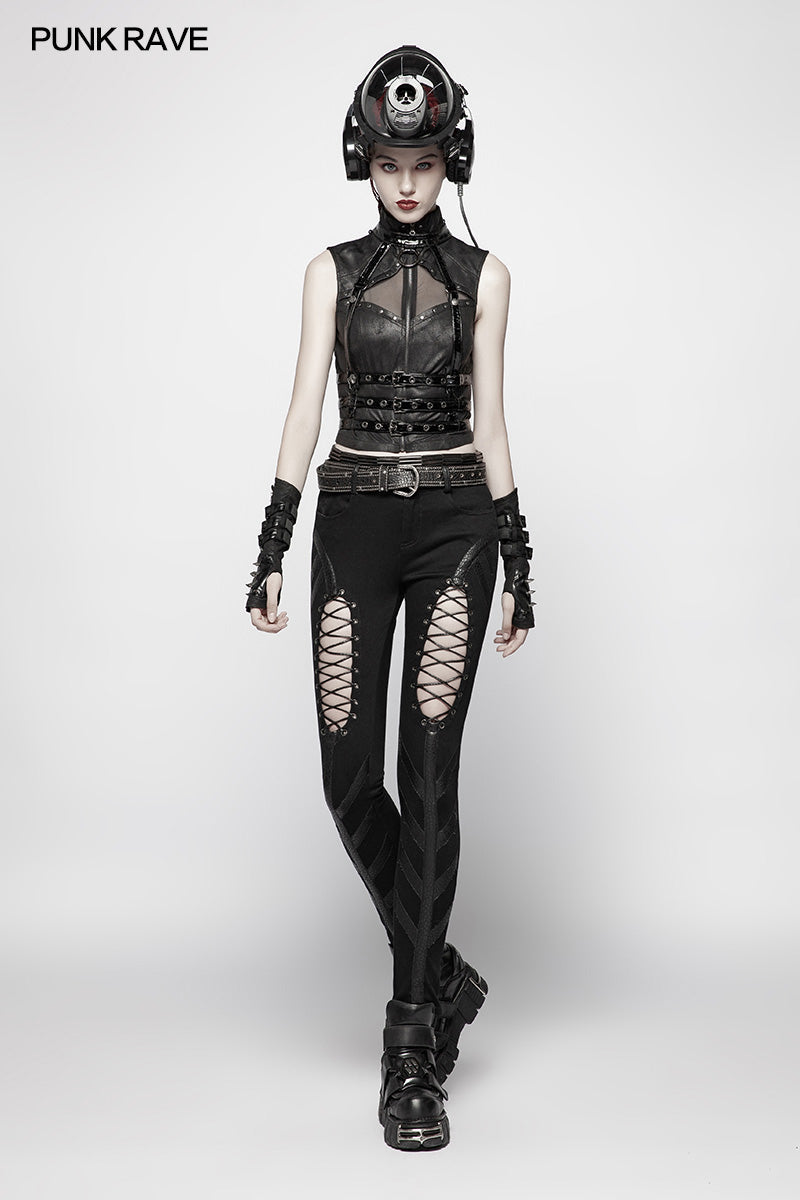 WY-986 Punk High Neck Elastic Knitted PU Super Short Vest
