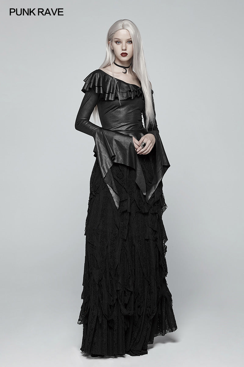 WT-550 Gothic Stretch Dark Pattern Asymmetric Collar Top With Ruffle Cuff