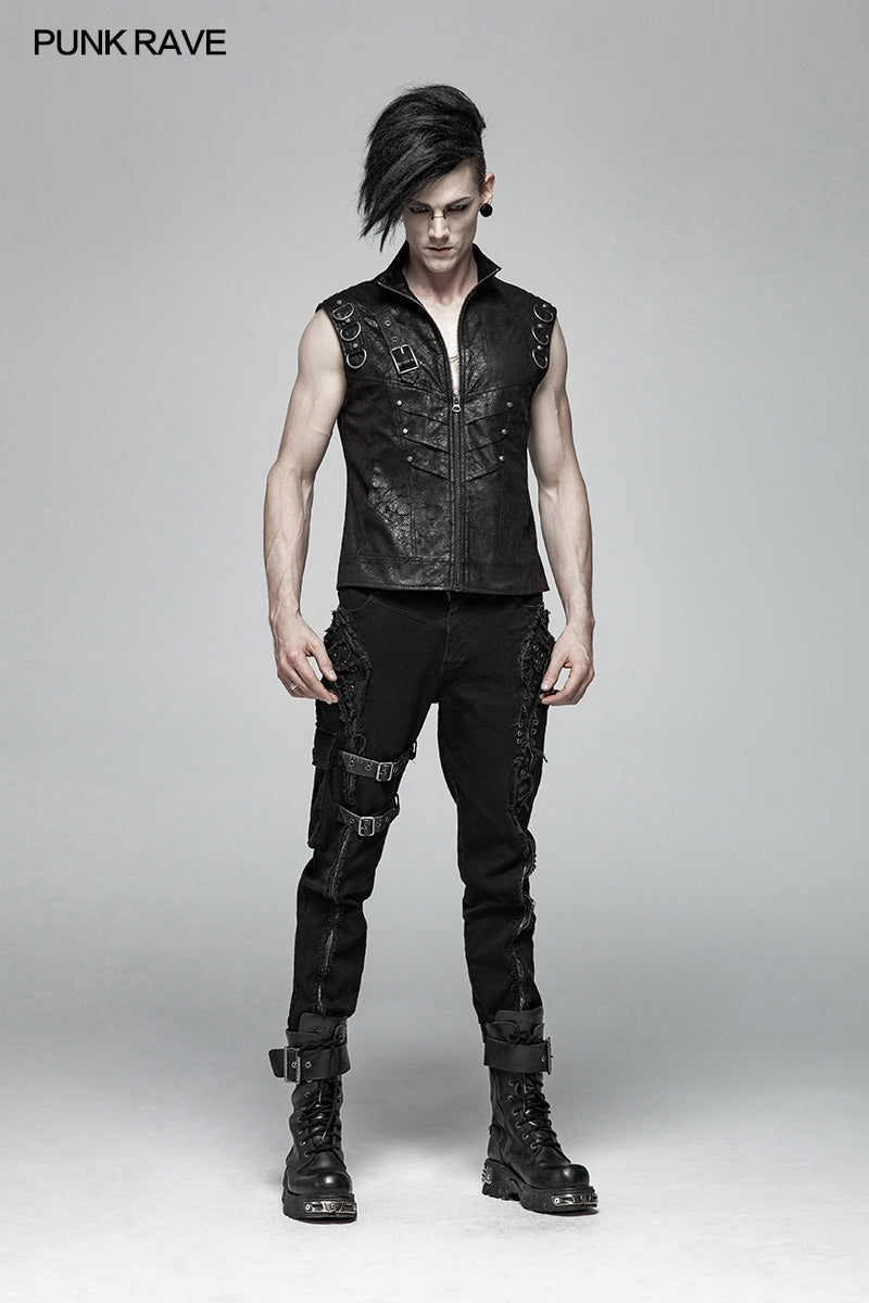 WY-990 Men Punk Standing Collar Sleeveless Vest